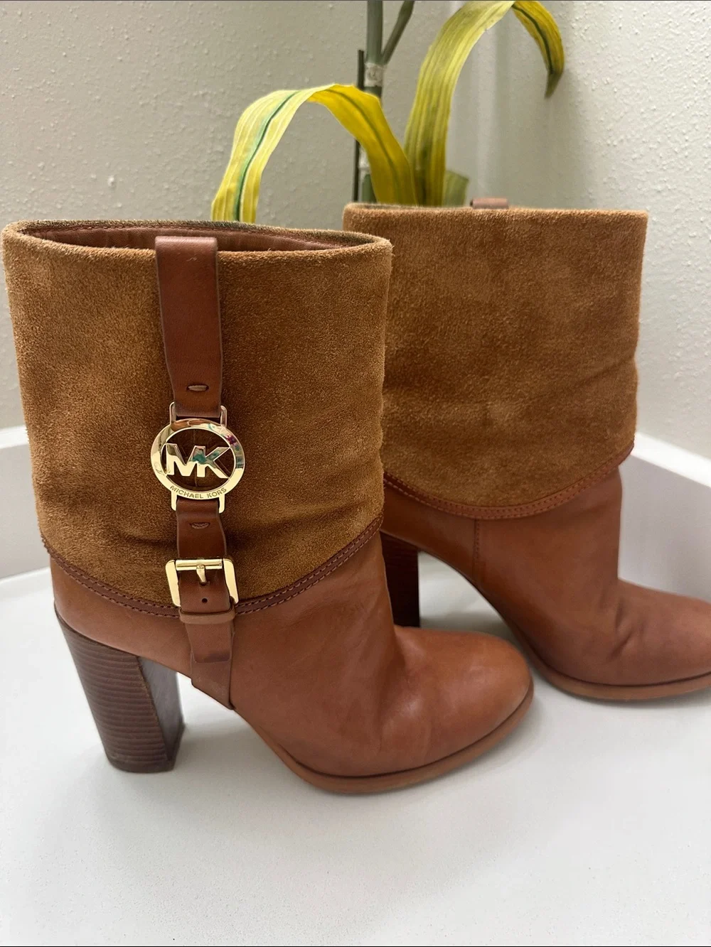 Michael Kors Cognac Suede & Leather Mid-Calf Heeled Boots